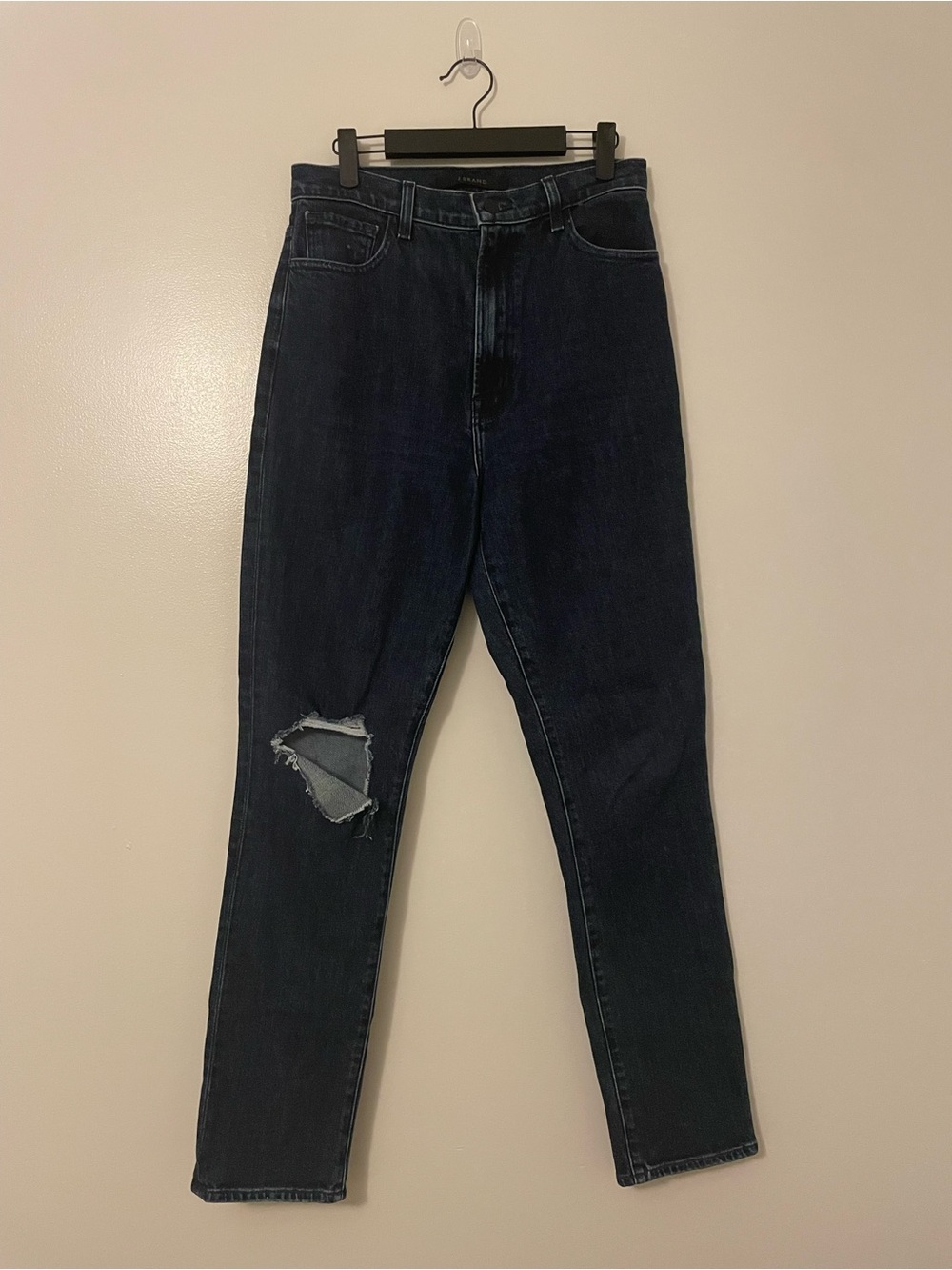 J Brand High Waisted Skinny Leg Ripped Knee Distressed Dark Wash Denim Blue Jean